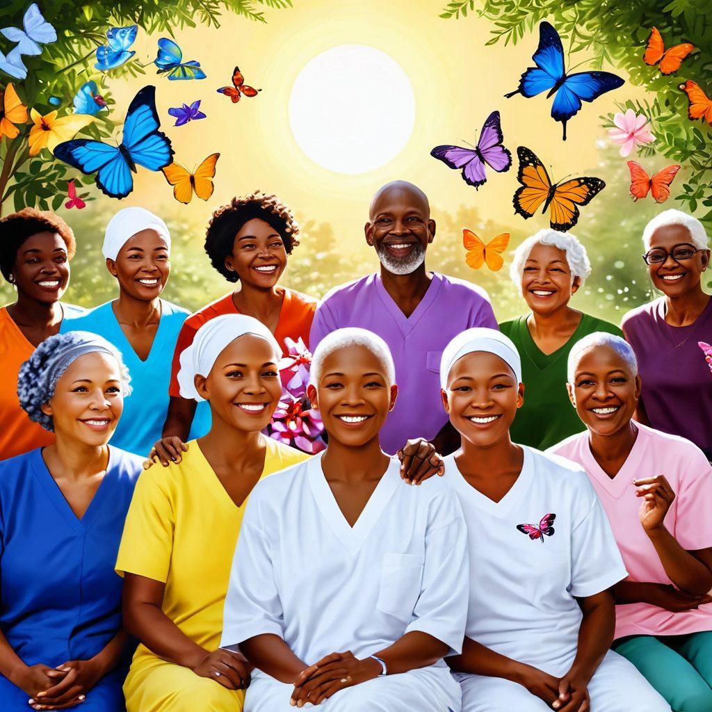 A serene, uplifting scene of a diverse group of cancer patients, smiling and supporting each other, surrounded by symbols of hope like butterflies and blooming flowers. In the background, a bright sun radiates warmth, representing healing and empowerment. Include elements like therapy tools, support groups, and cozy settings that evoke feelings of strength and community. super-realistic. vibrant colors. soft focus.