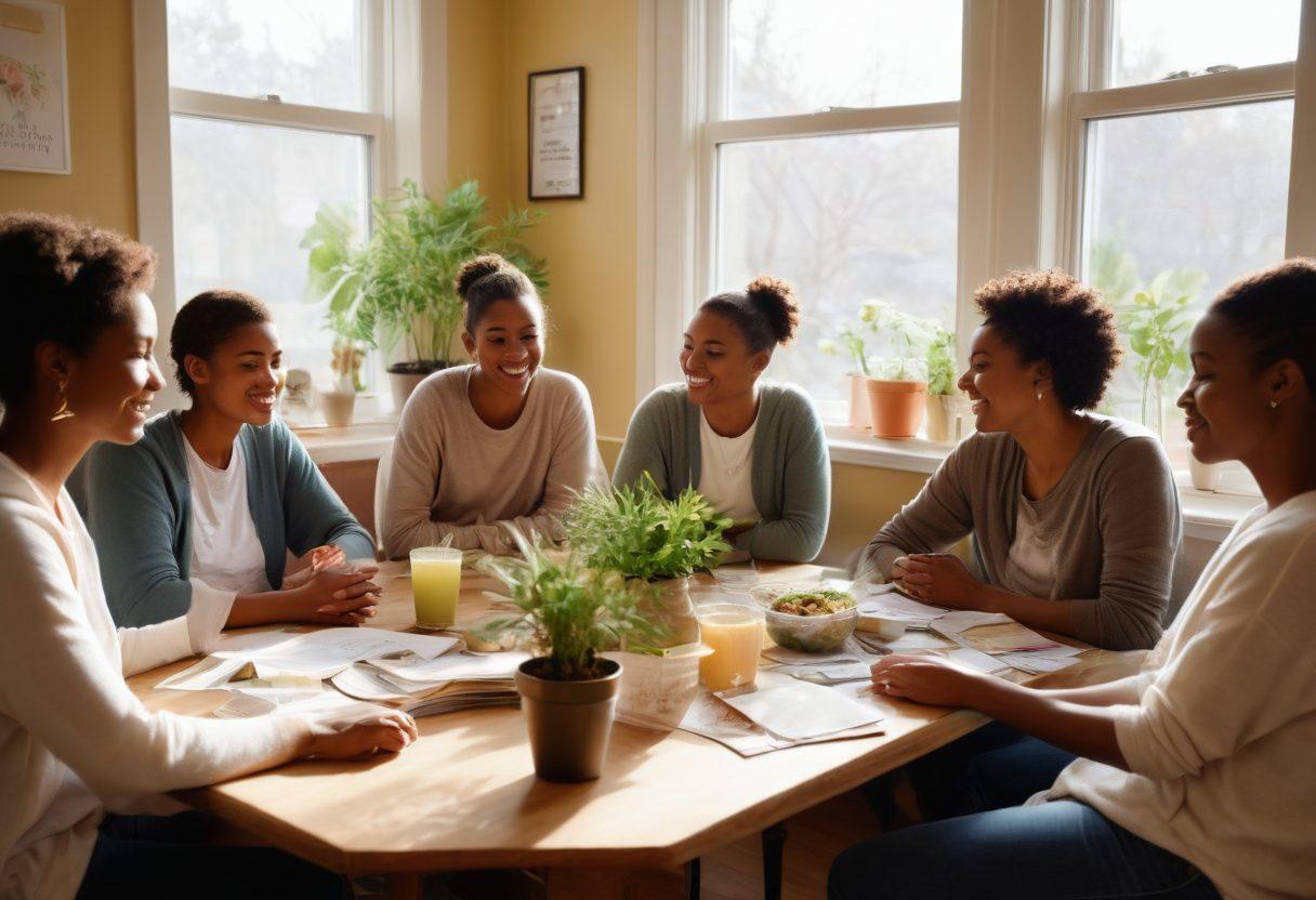 A warm, inviting scene of a diverse support group meeting in a cozy room, filled with plants and motivational posters, where individuals are sharing their cancer journeys. Soft sunlight filters through the windows, casting a hopeful glow on their faces as they embrace each other. On a table, healthy snacks and pamphlets on lifestyle changes are scattered. Illustrate the sense of community and healing. super-realistic. vibrant colors. soft lighting.