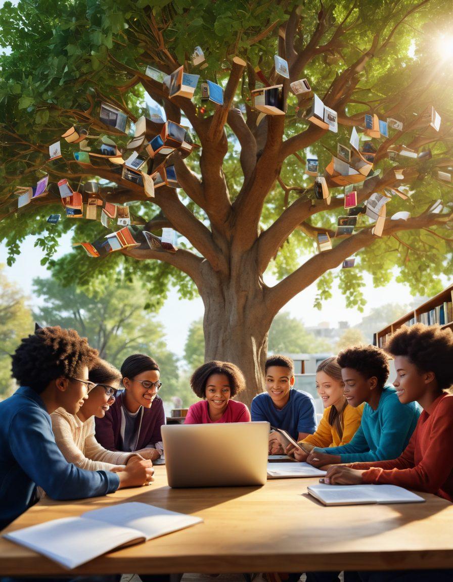 A diverse group of individuals engaged in a vibrant community learning environment, surrounded by books and educational materials, with a backdrop of a tree symbolizing growth and strength. Imagine a light illuminating the scene, representing hope and empowerment. Integrate elements of technology like laptops and tablets to depict modern education strategies. The atmosphere should be warm and inviting, showcasing collaboration and resilience. super-realistic. vibrant colors. 3D.